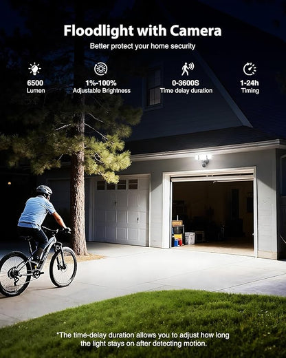 Floodlight Camera Hardwired 6500LM, 2K HD Security Camera Outdoor with Motion-Activated, 2.4G WiFi, Color Night Vision, 24/7 Recording, 2-Way Audio, Built-in Siren, Works with Alexa & Google