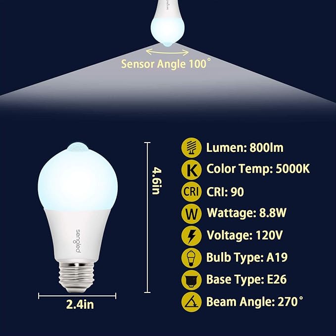 Sengled Motion Sensor Light Outdoor, Dusk to Dawn LED Outdoor Lighting, Motion Activated Auto On/Off A19 5000K 800lm LED Light Bulb Security Light for Front Door Porch Garage Hallway, 2 Pack 2nd Gen
