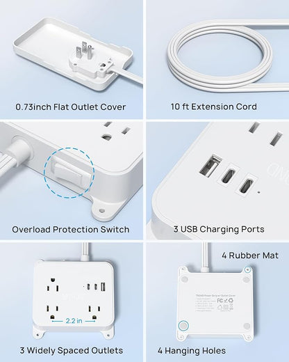TROND Flat Power Strip with Outlet Concealer with 3 Widely Spaced AC Outlet | 10FT Long Extension Cord 3 USB Charger(2 USB C Ports), Wall Mount Power Strip, Compact for Nightstand Couches Home Essentials