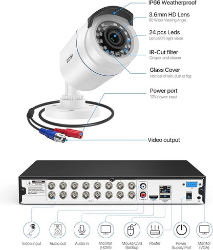 ZOSI H.265+ 16 Channel Security Camera System with AI Human Vehicle Detection, 16CH 1080p DVR and 8 x CCTV Weatherproof Bullet Camera Outdoor Indoor, 80ft Night Vision, 90°Wide Angle (No Hard Drive)