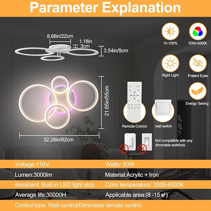 LED Ceiling Light 50W, Dimmable 4-Ring Flush Mount Fixture | Modern Ceiling Light Fixture with Remote, 3000K-6000K Adjustable, RGB Ambient Backlight, 3000LM for Bedroom Living Room