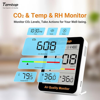 Temtop CO2 Monitor Indoor Air Quality Monitor with BLE App Connectivity, Portable CO2 Meter, CO2, Temperature, Humidity for Home, Office, or School