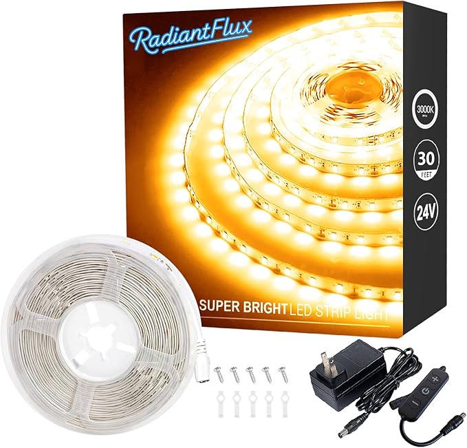 RadiantFlux 30ft Warm White Led Strip Lights for Living Room, Home Decor, 540 LEDs, Dimmable, Super Bright Flexible LED Light Strips for Bedroom, Kitchen, Vanity Mirror, House Warming Gifts New Home
