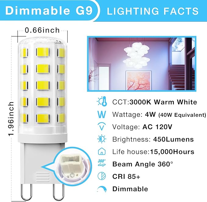 DAYBEETER 6 Pack Dimmable G9 LED Bulb 4W (40 Watt Equivalent), 6000K Daylight White, G9 Halogen Bulb,T4 G9 Bi-pin Base Light Bulbs for Chandelier,120V 450LM 360 Beam Angle No-Flicker G9 Bulb