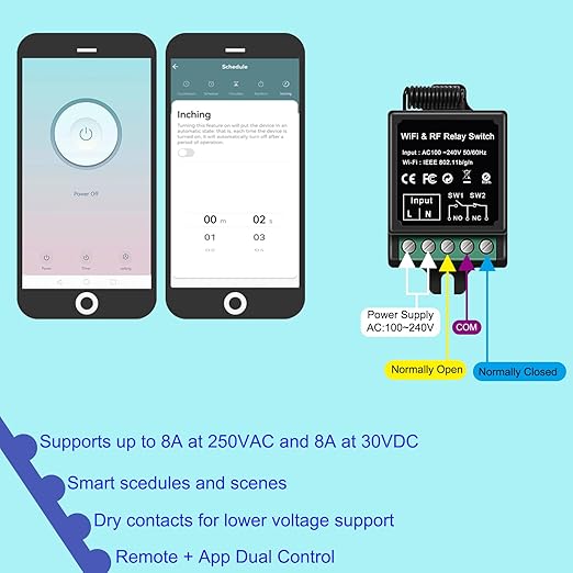 Smart Dry Contact Switch, AC Wireless Relay with RF Remote (165ft) & Tuya App, NO/NC 8A/250VAC & 8A/30VDC - for Garage Door,Lights, Alexa/Google Home Compatible (smart Switch)