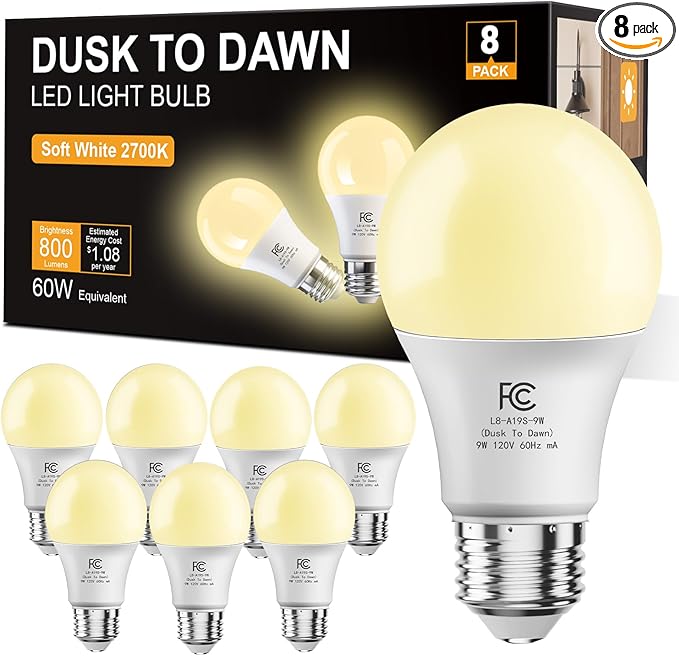 DAYBETTER 8 Pack A19 Dusk to Dawn Light Bulbs Outdoor, 60W Equivalent, Energy Efficient 9W, Light Sensor LED Light Bulb, Automatic on/Off Photocell Bulb for Porch Lighting, Soft White 2700K,E26 Base