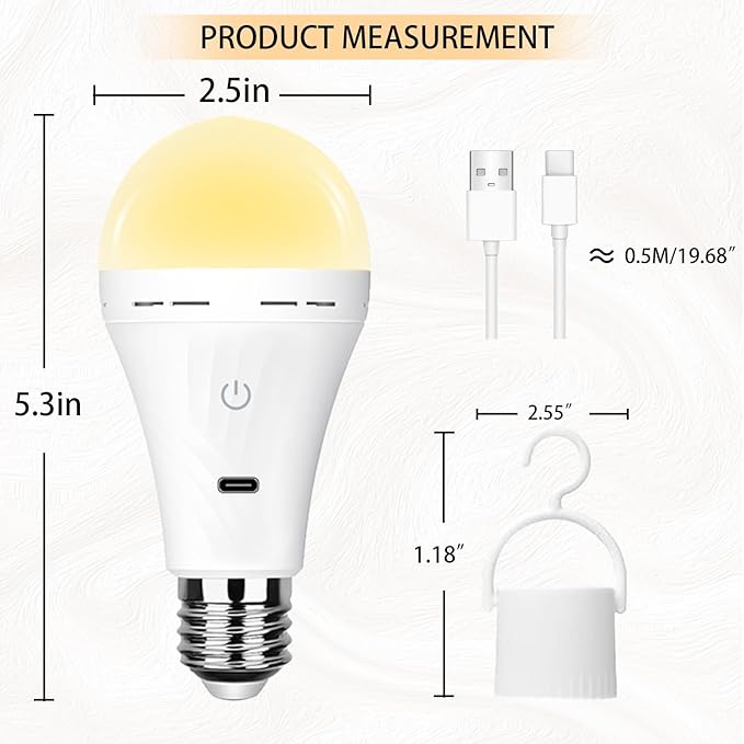 Rechargeable Battery Operated Light Bulbs for Non-Hardwired Fixtures with Remote and Timer, 3 Color Temps Dimmable Battery Backup Bulbs with Hooks for Decorative Lighting Outdoor Lighting