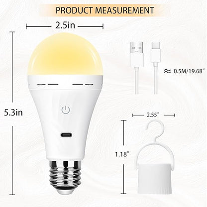 Rechargeable Battery Operated Light Bulbs for Non-Hardwired Fixtures with Remote and Timer, 3 Color Temps Dimmable Battery Backup Bulbs with Hooks for Decorative Lighting Outdoor Lighting