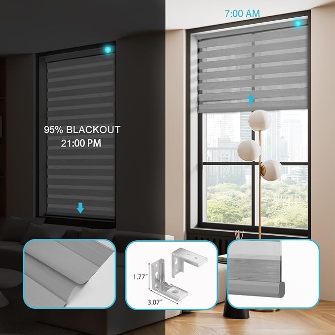 Motorized Zebra Blinds with Remote Smart Blind Work with Homekit Alexa SmartThings Electric Day and Night Shade Cordless Automatic Solar Powered Window Shade Customize(Carbon Grey)