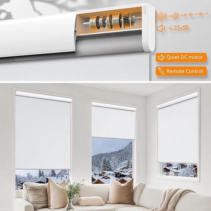 Motorized Smart Blinds with Remote - Cordless Electric Roller Shades, Blackout, Compatible with Alexa & Google Assistant, White, 32" W x 72" H