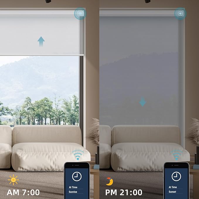 SmartWings Motorized Smart Blinds for Windows in Light Filtering, Electric Remote Roller Shades Compatible with Alexa/Google Home/Homekit, Custom Up to 110”W x 148”H, 5% Openness PVC Free White