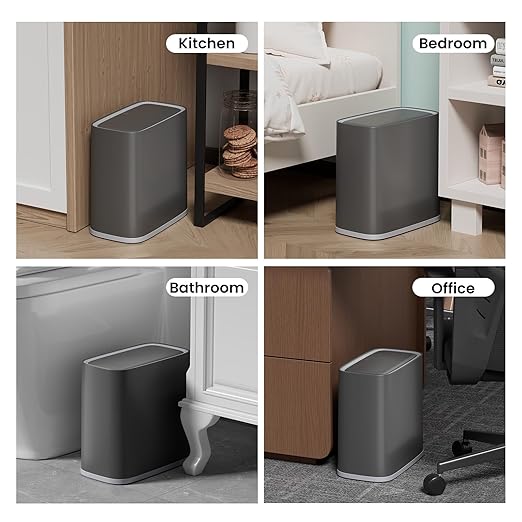 Small Bathroom Trash Can with Lid, 8L / 2.1 Gallon Narrow Garbage Bin with Wheels, Air-Press Bag Expander & Inner Bucket, Press Top Wastebasket for Bedroom, Office, Toilet, Odor Sealing Diaper Pail