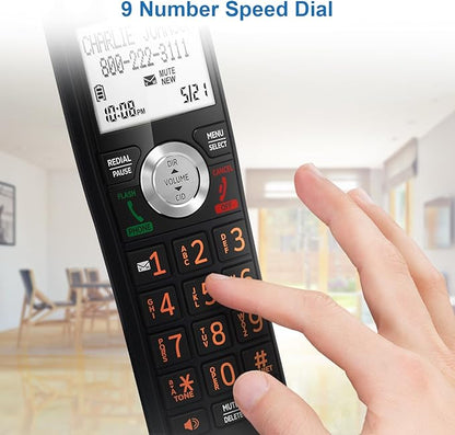 AT&T CL82167 Cordless Phone with Answering Machine, Call Blocking, Caller ID Announcer, Intercom and Long Range, Black & Wood Grain Finish