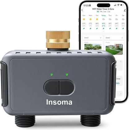 Insoma 2-Zone WiFi Water Timer for Garden Hose, WiFi Hose Timers with Brass Inlet, No-Gateway 2.4GHz Remote APP & Voice Control (Alexa/Google), Rain Delay & Manual Mode for Yard Lawn Garden Watering