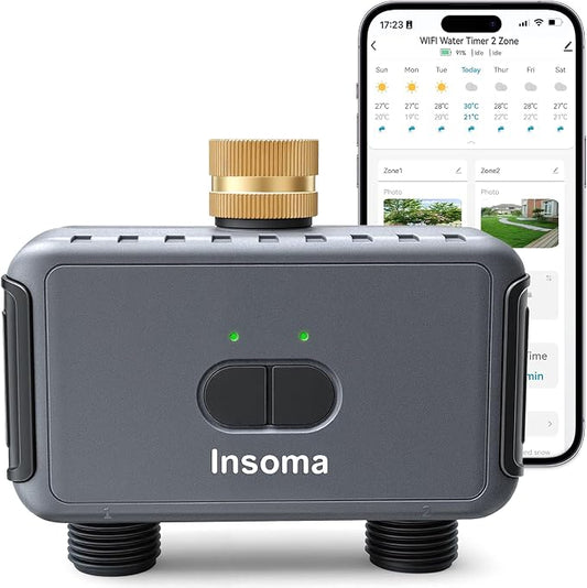 Insoma 2-Zone WiFi Water Timer for Garden Hose, WiFi Hose Timers with Brass Inlet, No-Gateway 2.4GHz Remote APP & Voice Control (Alexa/Google), Rain Delay & Manual Mode for Yard Lawn Garden Watering