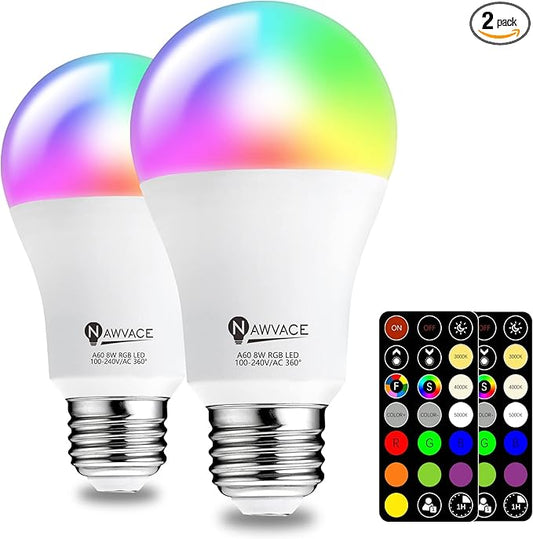 LED Color Changing Light Bulb with Remote Control, 60W Equivalent RGB Bulbs, 8W Dimmable E26 A19 2700K-6000K Warm White Indoor/Outdoor Colored Light Bulbs for Bedroom, Living Room, 2-Pack