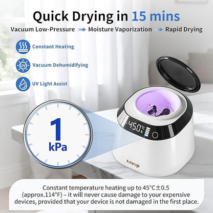 World's Fastest & Advanced Hearing Aid Dryer Dehumidifier, 15 Mins Home Vacuum Dry, Care and Maintenance of Cochlear Implant, Small Electronics, Jewelry, 100% Moisture Removal(Orange Brush)