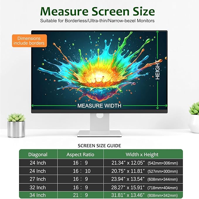 [2-Pack] 34 Inch Reusable Nano Bezel Anti-Glare Computer Privacy Screen for Monitor, 21:9 Aspect Ratio, Residue-Free Removable Anti-Spy Filter, Eye Protection Anti-Blue Light Desktop Security Shield