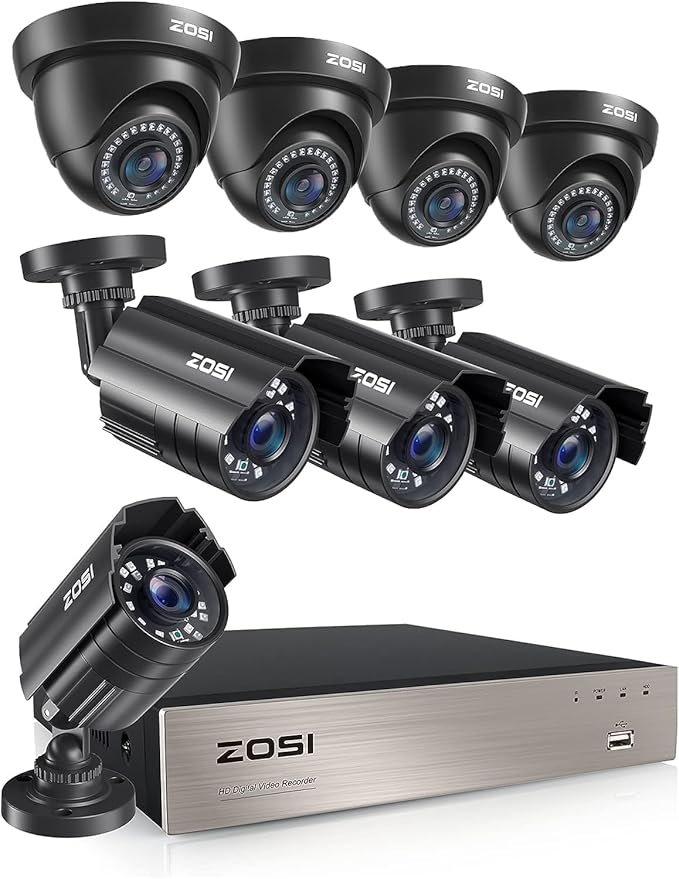 ZOSI 5MP Lite Home Security Camera System,8CH H.265+ CCTV DVR,8pcs 1080P 1920TVL Weatherproof Surveillance Cameras,80ft Night Vision,Motion Alert,Remote Access for 24/7 Recording.