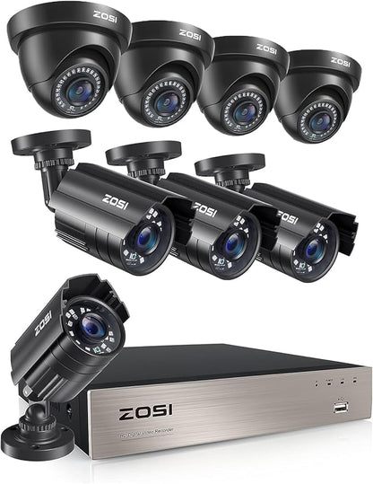 ZOSI 5MP Lite Home Security Camera System,8CH H.265+ CCTV DVR,8pcs 1080P 1920TVL Weatherproof Surveillance Cameras,80ft Night Vision,Motion Alert,Remote Access for 24/7 Recording.