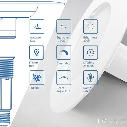 Jolux 4-Pack 5/6" Retrofit LED Recessed Lighting,60W,3000K WarmWhite,800 Lumens,Dimmable Can Lights,Damp Rated,Simple Installation Adjustable Retrofit Downlight,ETL,E26 Base,Bevel Trim
