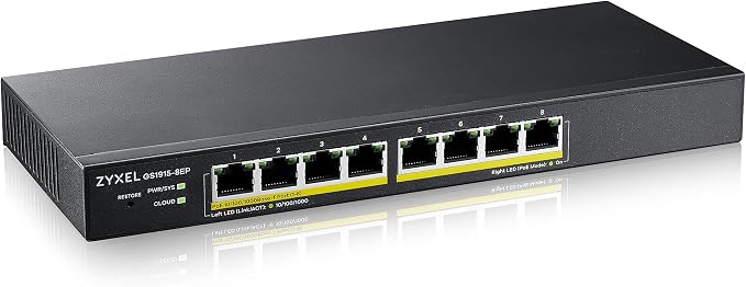 Zyxel 8 Port Network Ethernet Switch | Smart Managed PoE+ | GS1915-8EP | 8x PoE+ Ports with 60W Budget, Fanless, NebulaFlex, VLAN, QoS, IGMP Snooping, Wall Mount Kit Included, Compact Desktop Design