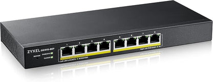 Zyxel 8 Port Network Ethernet Switch | Smart Managed PoE+ | GS1915-8EP | 8x PoE+ Ports with 60W Budget, Fanless, NebulaFlex, VLAN, QoS, IGMP Snooping, Wall Mount Kit Included, Compact Desktop Design