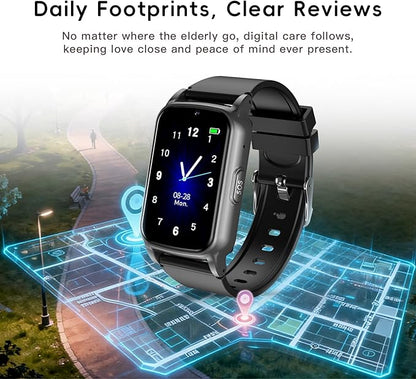 Fall Detection Smart Watch for Seniors with GPS Tracking, SOS Alert & HD Video Call, Waterproof Fitness Tracker for Dementia/Alzheimer’s, 4G Safety (Modern, Black)