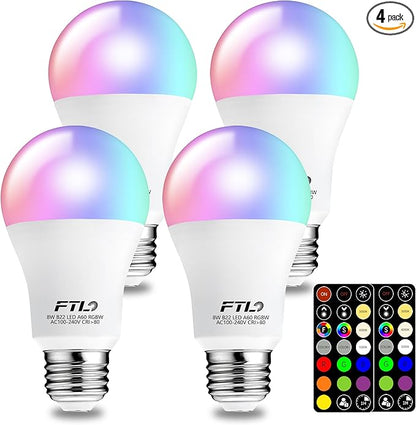 FTL Color Changing Light Bulb with Remote Control, A19 E26 Dimmable RGB LED Colored Light Bulbs 8W 60W Equivalent, 30 Colors, 2700K-6000K, Timer, Multi Color Recessed Light Bulbs for Bedroom, 4-Pack