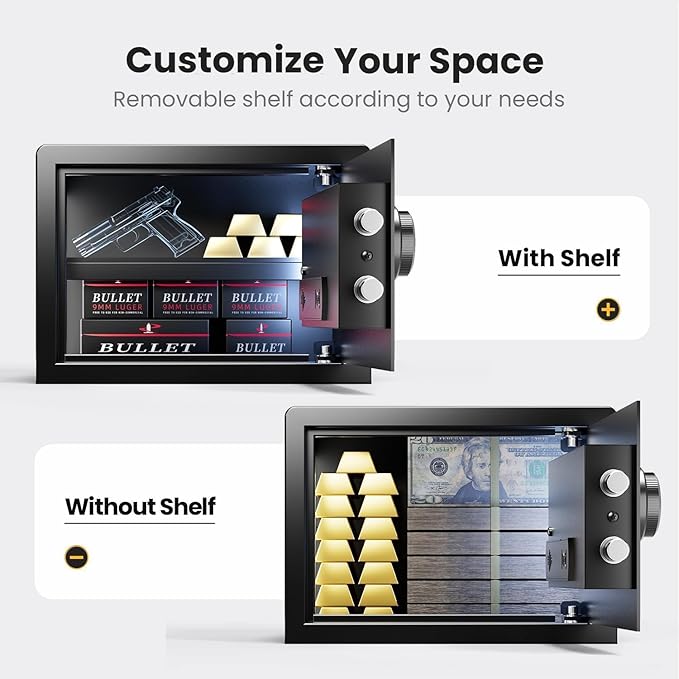 XDeer Biometric Safe with Fireproof Waterproof Bag, Small Safe 0.78 CuFt | Money Safe Box with Backlit Keypad and LED Light, Fingerprint Safes for Cash, Jewelry, and Documents, Removable Shelf