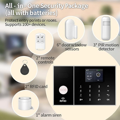 NUNET Wireless Smart Home Security System, 15-Piece Alarm Kit (Motion Sensors, Siren, Remote) - WiFi Alarm System for Home Safety, APP Alerts, Alexa/Google Compatible, No Monthly Fee, Easy Setup