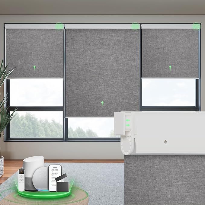 Motorized Blinds with Remote, Blackout No Drill Cordless Smart Roller Shades, Automatic Blinds for Windows, Grey,29" W x 72" H