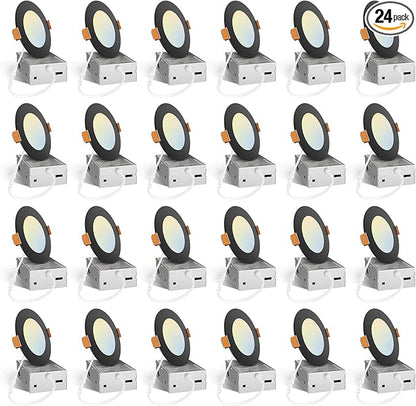 Amico 24 Pack 4 Inch Black 5CCT Ultra-Thin LED Recessed Ceiling Light with J-Box, 2700K/3000K/3500K/4000K/5000K Selectable, 10W Eqv 70W, Dimmable Canless Downlight, 800LM High Brightness, ETL, FCC