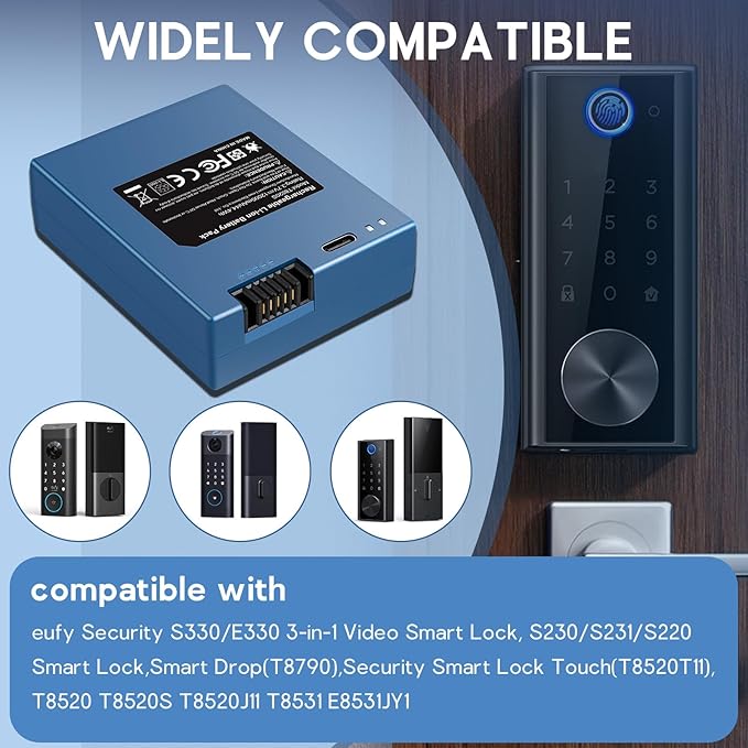 TREE.NB 12000mAh Smart Lock Battery T8520S 3.7V-44.4Wh, Compatible with Eufy Security S330/E330/S230/S231/S220 Video smart Locks (Data Cable/USB-A to TYPE-C/2A Cable)