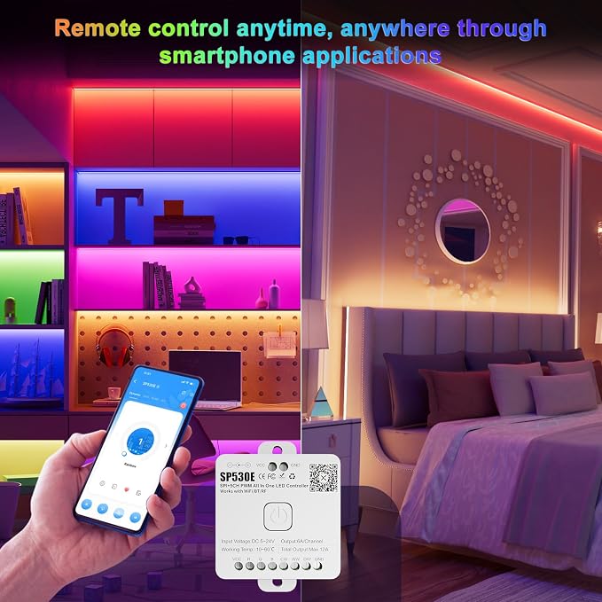 PAUTIX SP530E WiFi Bluetooth LED Controller Alexa/Google 12-in-1 LED Dimmer Support PWM/SPI Single Color CCT RGB RGBW RGBCCT IC LED Strip WS2811 WS2812,for COB/5050 2835 LED Strip Lights DC5V 12V 24V