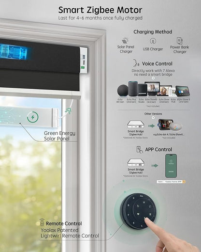 Yoolax Motorized Cellular Shades Compatible with Alexa, Blackout Motorized Blinds with Remote Smart Honeycomb Shades for Indoor Windows, Automatic Blinds Custom Size (Noir)