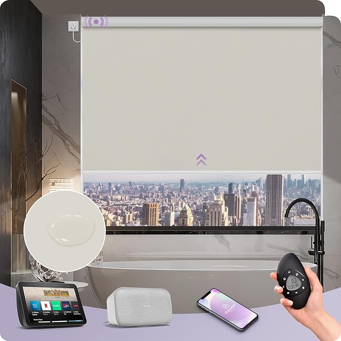 Graywind Motorized Roller Shade 100% Blackout Work with Alexa Google Waterproof Vinyl Fabric Remote Control Hardwired Window Shades Window Blinds, Customized Size (Vinyl - Beige)