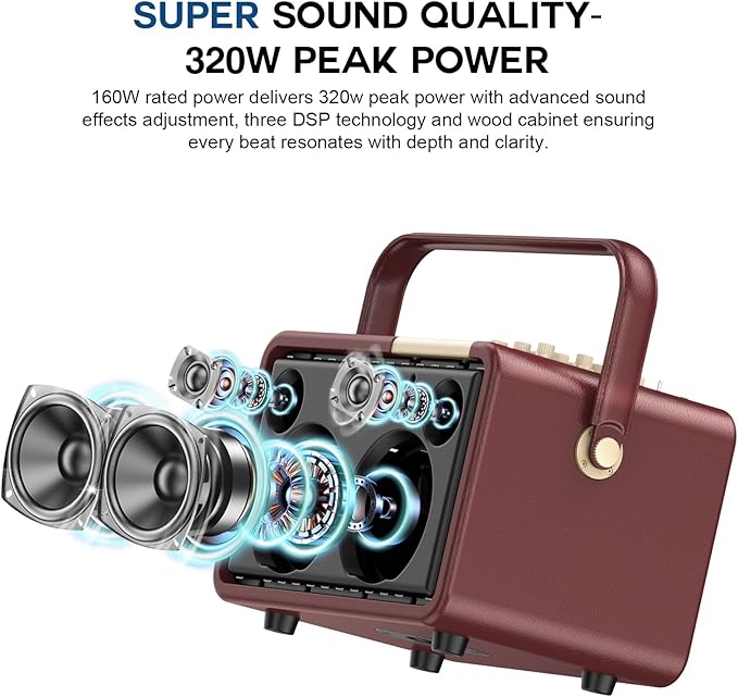 SUPNIU 320W Peak Power Karaoke Machine with Rich Deep Bass for Adults Portable Bluetooth Singing PA Speaker System Bass/Treble Adjustment with 2 UHF Wireless Microphones for Home Party Wedding Outdoor