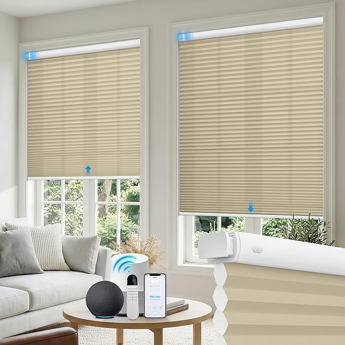 Motorized No Drill Cordless Cellular Shades, 1.5" Smart Electric Honeycomb Blind with Remote Control, Automatic No Drill Cellular Shades for Home and Office Indoor Window, Blackout Brown