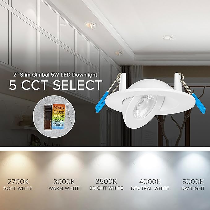 Maxxima 2 in. Rotatable Ultra-Thin Recessed LED Floating Gimbal Downlight, 400 Lumens, 5 CCT Selectable 2700K/3000K/3500K/4000K/5000K, Dimmable, 90 CRI, IC Rated, Canless, Junction Box Included