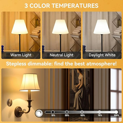 Neporal MagixPro Rechargeable Light Bulbs with Remote, USB + Socket Rechargeable, 1800mAh Large Battery Light Bulb, 3 Color Shift + Stepless Dimmable, A19 E26 Emergency Light Bulb, 15W (MagicPro, 2)