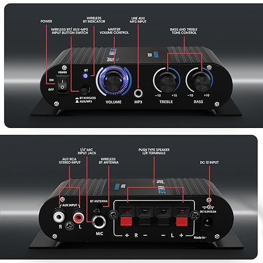 Pyle Wireless Bluetooth Home Audio Amplifier - 90W Dual Channel Mini Portable Power Stereo Sound Receiver w/ Speaker Selector, RCA, AUX, LED, 12V Adapter - For Smartphone PA, Studio Use - PFA330BT