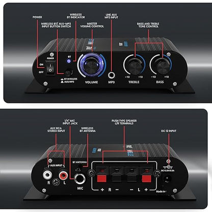 Pyle Wireless Bluetooth Home Audio Amplifier - 90W Dual Channel Mini Portable Power Stereo Sound Receiver w/ Speaker Selector, RCA, AUX, LED, 12V Adapter - For Smartphone PA, Studio Use - PFA330BT