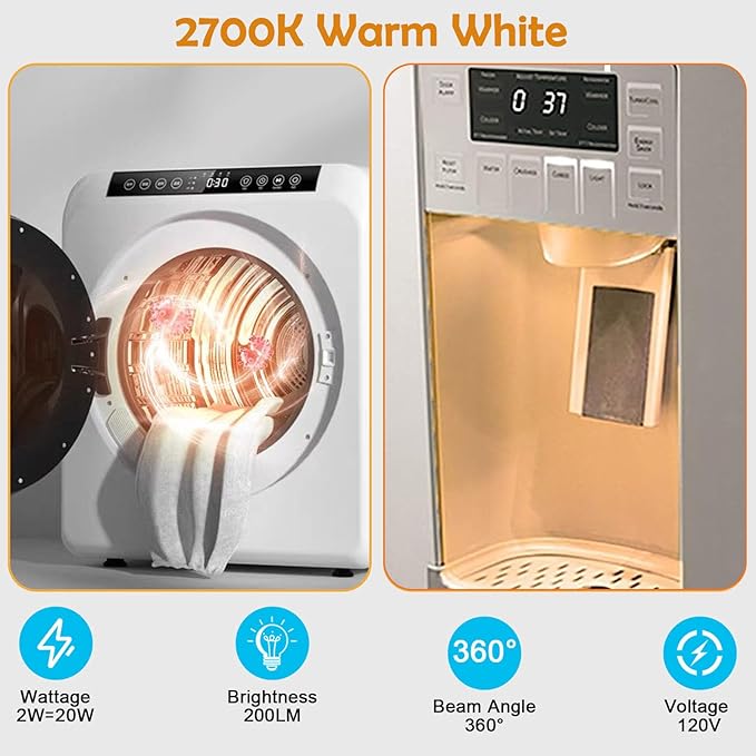 Dryer Light Bulb 120V 10W 15W Replacement WE05X20431 WP22002263 Appliance Bulb E12 Candelabra Base, for Dryer Drum, Water Ice Dispenser, Night Light, Salt Lamp, 2W Warm White 2700K, 2-Pack