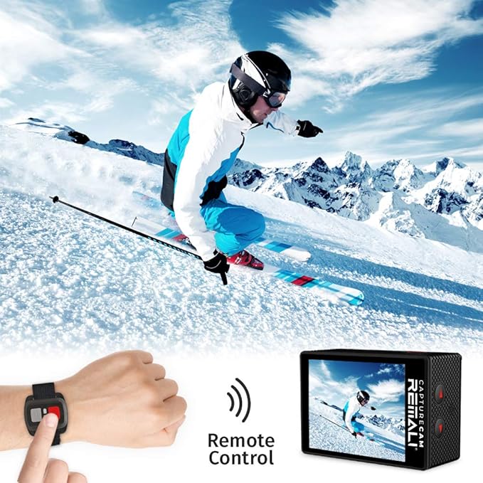 REMALI CaptureCam 4K60FPS Waterproof Action Camera 21-Piece Complete Kit and 3 Batteries — Amazing Family Sports Camera That Captures Best Moments — Great for Baseball, Fishing & Travel Adventures