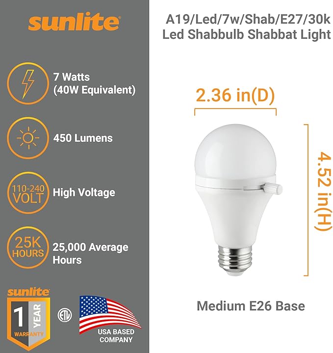 Sunlite ShabBulb, Shabbat Permissible LED Light Bulb, 7 Watt (40 Watt Equivalent) 3000K Warm White, 12 Pack