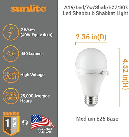 Sunlite ShabBulb, Shabbat Permissible LED Light Bulb, 7 Watt (40 Watt Equivalent) 3000K Warm White, 12 Pack