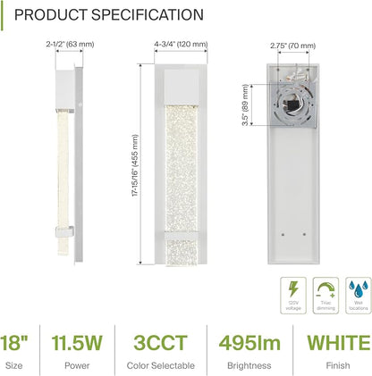 ASD LED 18" Bubble Glass Wall Light Fixture, Outdoor & Indoor Seeded Sconce | 3CCT, Waterproof, Dimmable, ETL Listed | 12W 500LM 3000-5000K 120V | Exterior Lantern, Porch Lighting | White