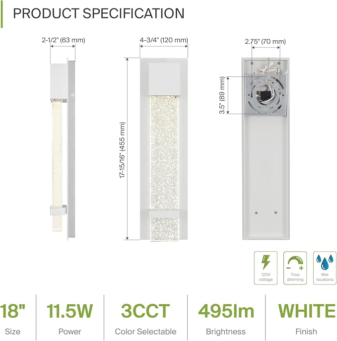 ASD LED 18" Bubble Glass Wall Light Fixture, Outdoor & Indoor Seeded Sconce | 3CCT, Waterproof, Dimmable, ETL Listed | 12W 500LM 3000-5000K 120V | Exterior Lantern, Porch Lighting | White, 4 Pack