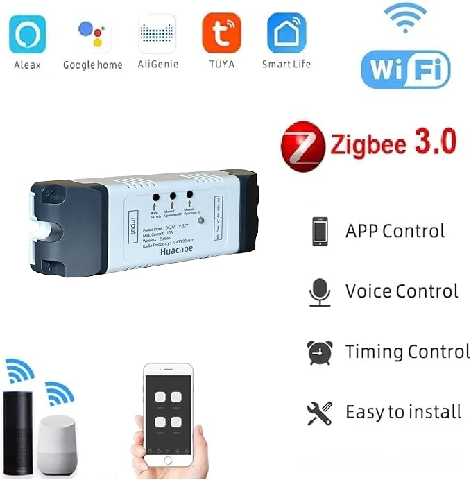 Zigbee 2CH DC 7-32V Relay Smart Switch Module,APP Remote Control with Inching/Self-Lock/Interlock Switch modle,Works with Tuya Zigbee Gateway,Alexa,Google Home (Required ZigBee Hub)